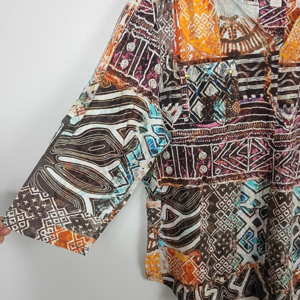 Chico’s Tribal Mixed Print Top Size 3 / XL 3/4 Sleeve Cotton Spring Boho - Picture 3 of 8